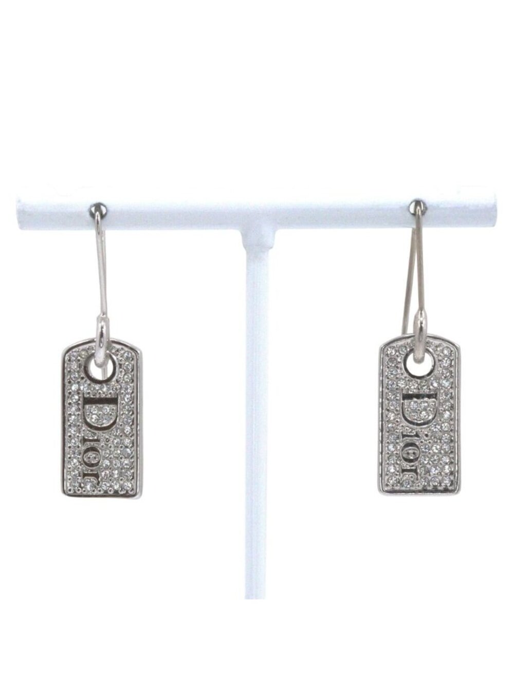 Dior Logo Plate Metal Rhinestone Silver Earrings